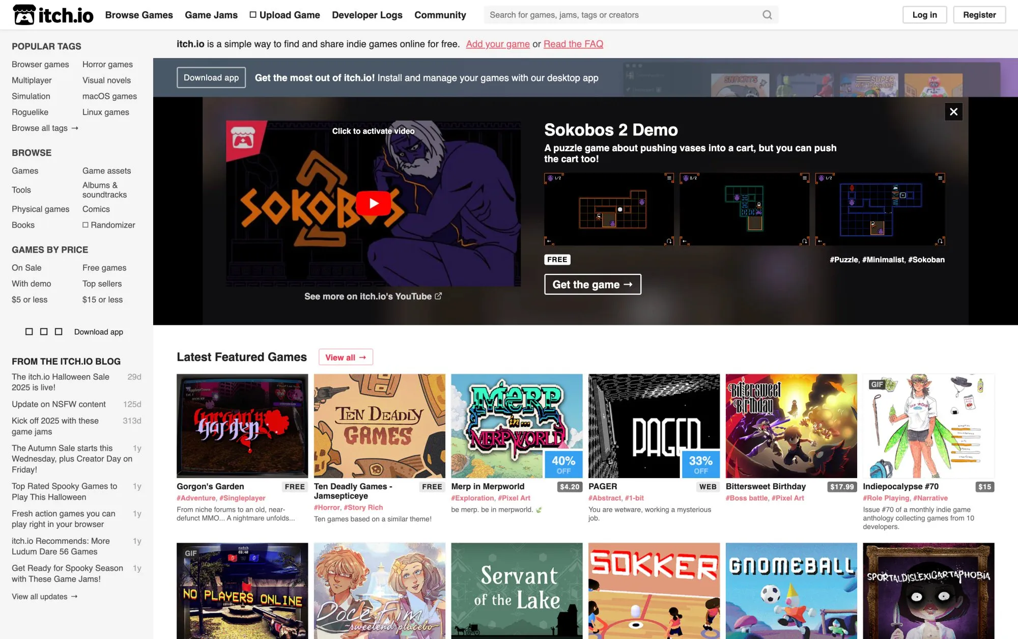 itch.io homepage featuring indie games including Sokobos 2 Demo puzzle game and featured game collection