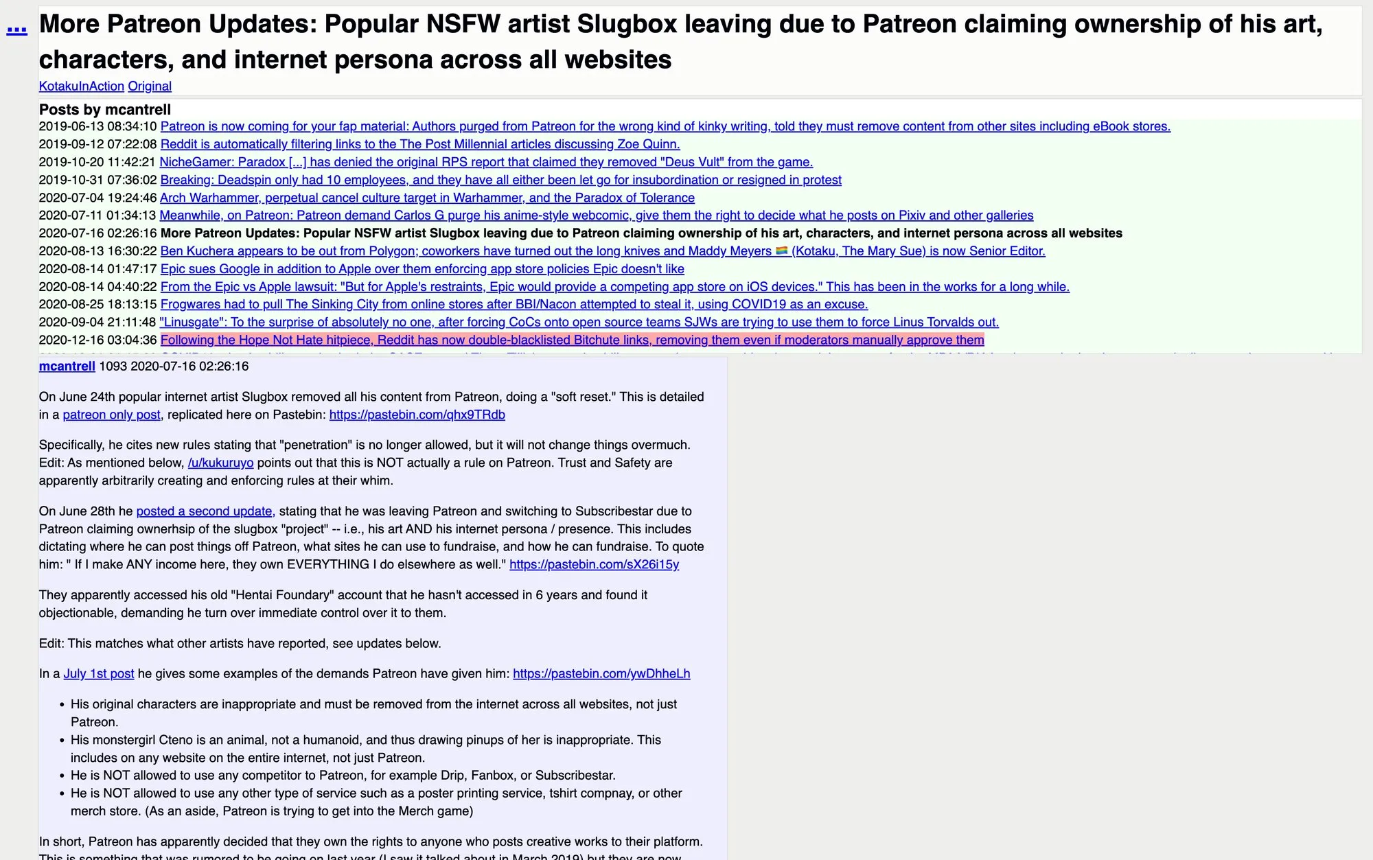 A screenshot of an internet forum showing: "Popular NSFW artist Slugbox leaving due to Patreon claiming ownership of his art, characters, and internet persona across all websites"