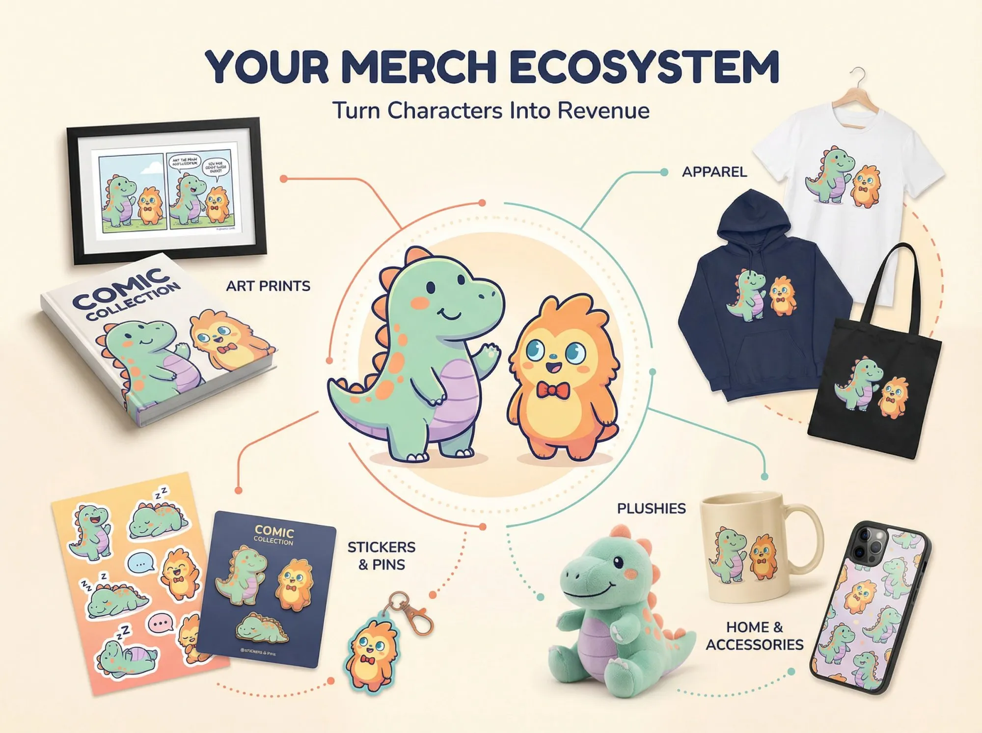 Webcomic merchandise product ecosystem showing prints, books, clothing, stickers, and plushies around comic characters