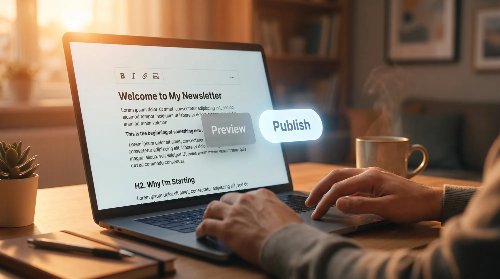 Newsletter editor interface showing the publish button moment with atmospheric lighting conveying the excitement and nervousness of launching your first post