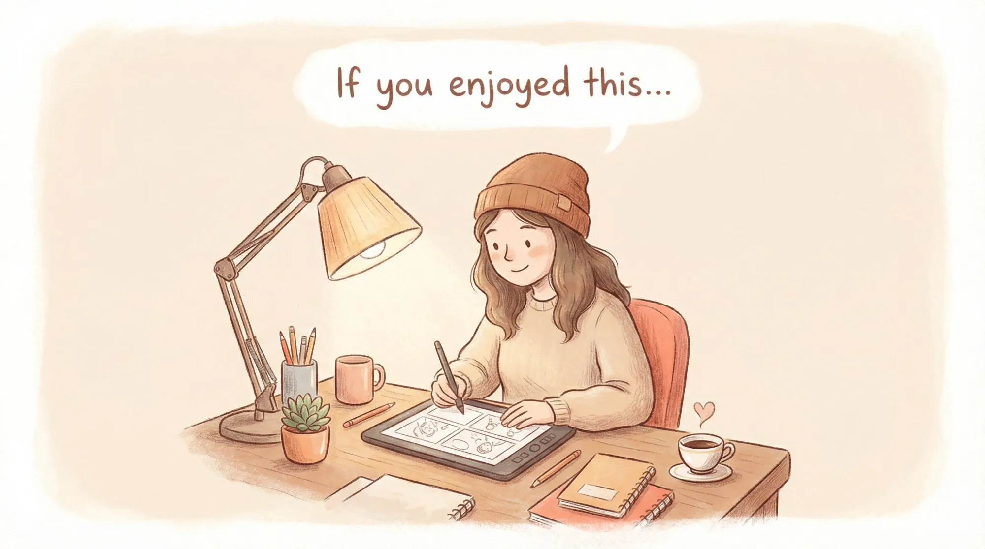 Webcomic creator at cozy desk with subtle tip jar icon, showing appreciative non-pushy approach to asking readers for support
