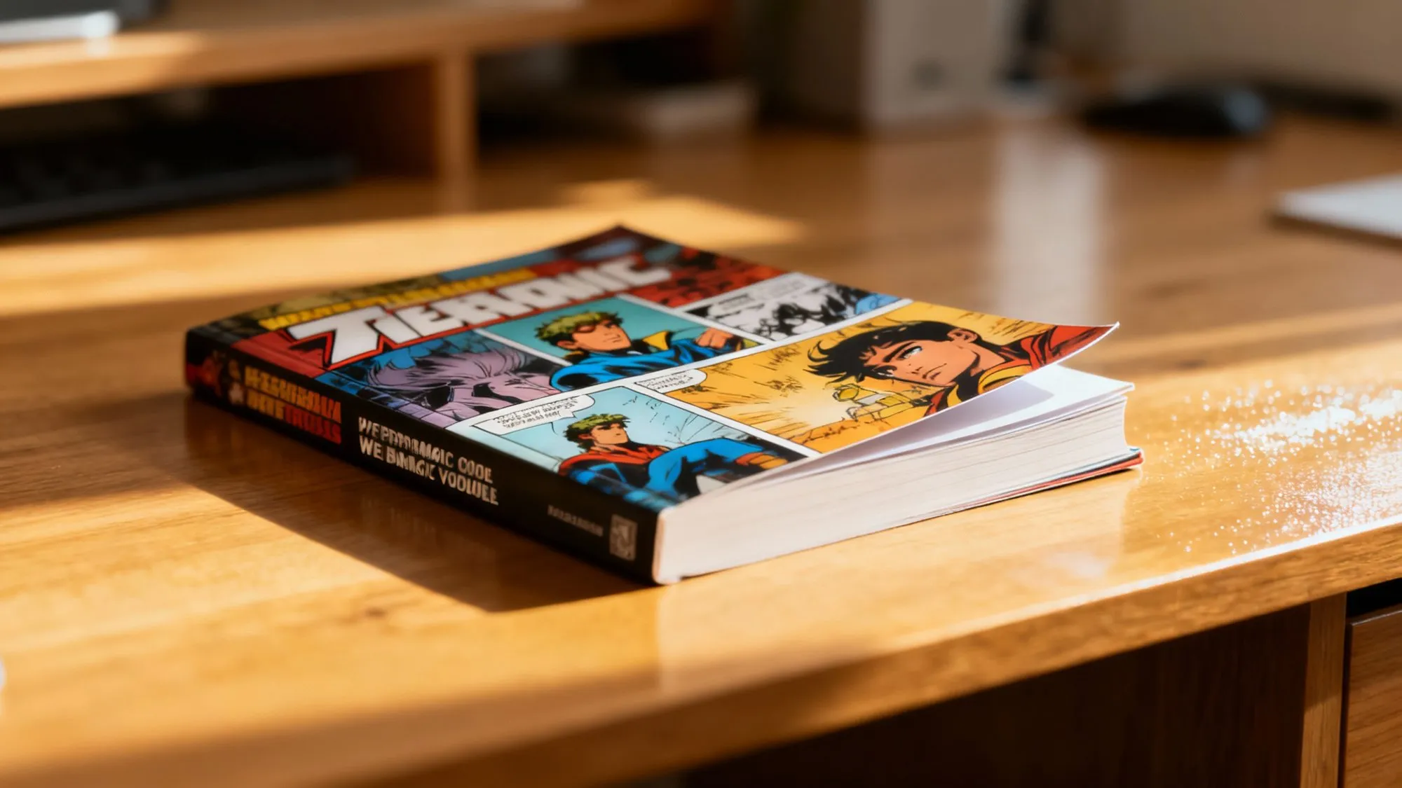 Professional photorealistic image of a webcomic graphic novel book product showcasing physical publishing success