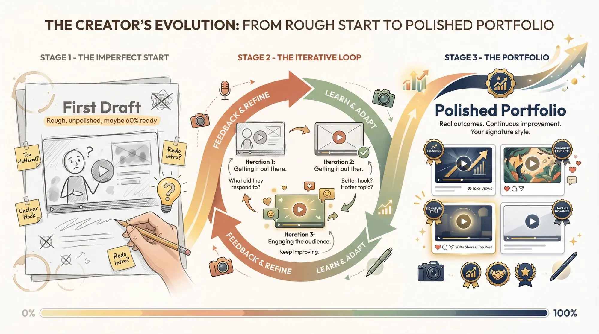 Visual journey showing how creators progress from imperfect first draft through iteration to polished portfolio piece, with annotated learning points and positive sentiment progression