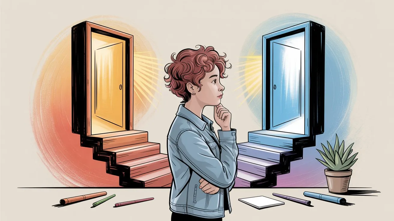 Creator standing between two doorways making platform choice decision representing strategic business evaluation