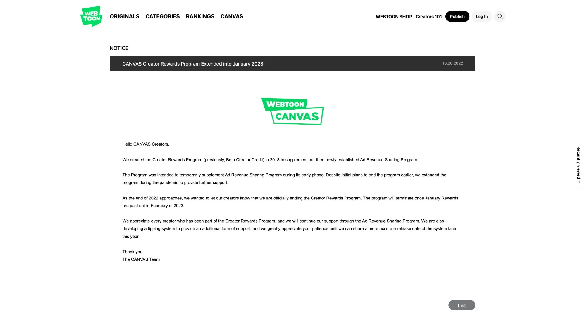 WEBTOON official notice announcing the end of Creator Rewards program after January 2023 payouts and transition to Super Likes