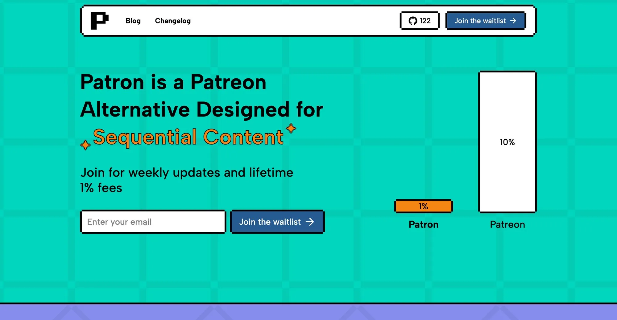 A webpage for Patron, a Patreon alternative, showing 1% fees, a waitlist form, and a fee comparison.