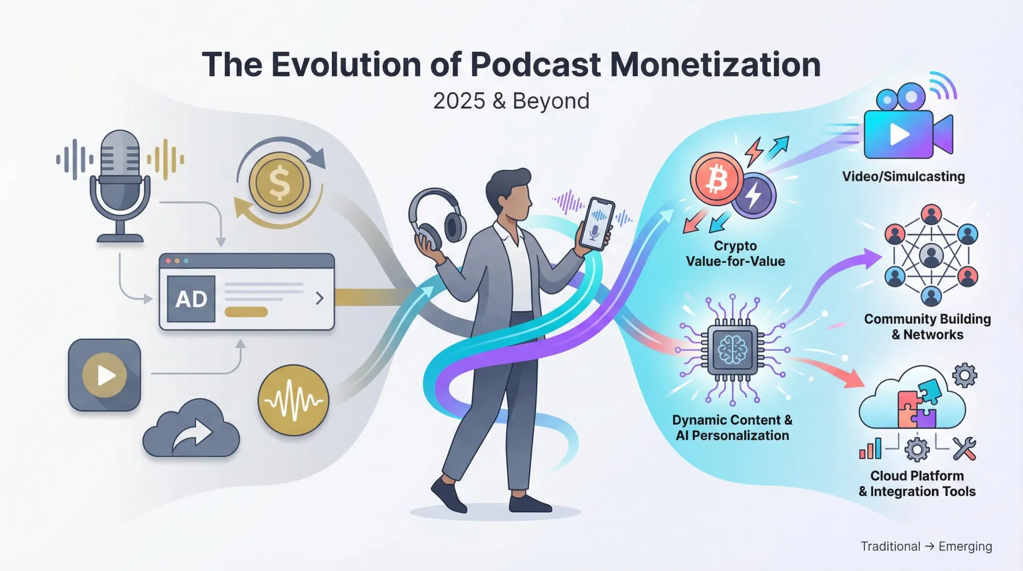 Split editorial illustration showing podcast monetization evolution from traditional methods to 2025 emerging trends