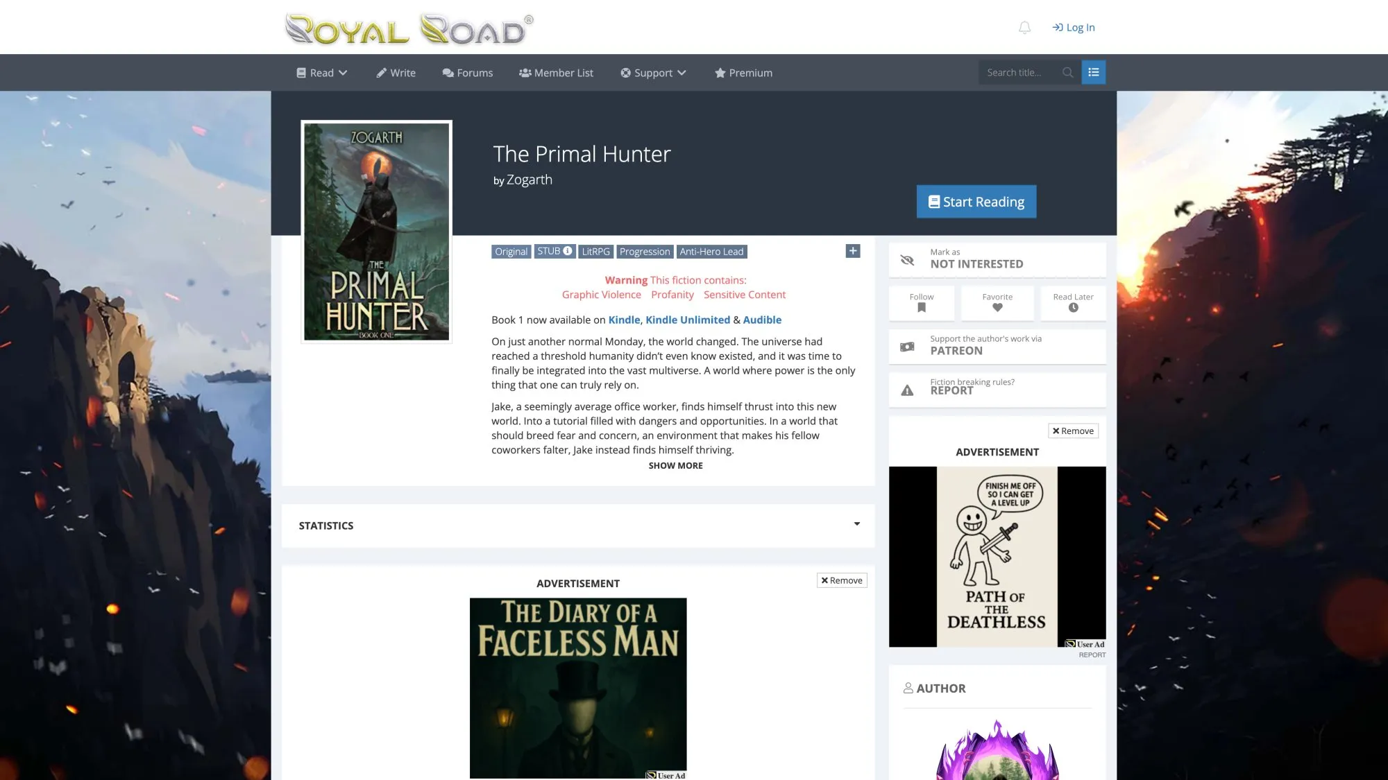 The Primal Hunter web serial on Royal Road showing 1000+ chapters and massive follower count