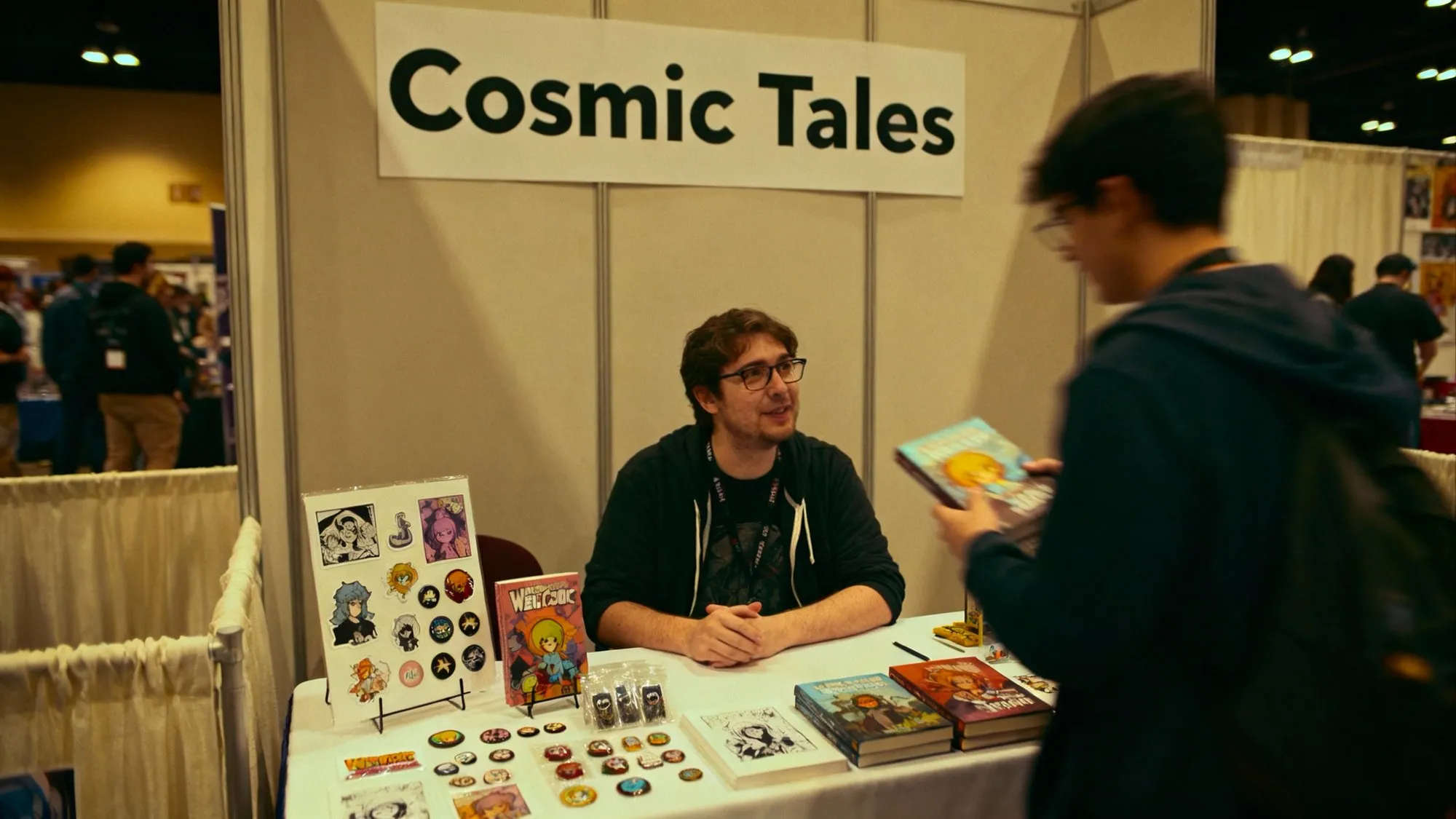 Photorealistic image of artist at convention booth selling webcomic merchandise and books in artist alley setting