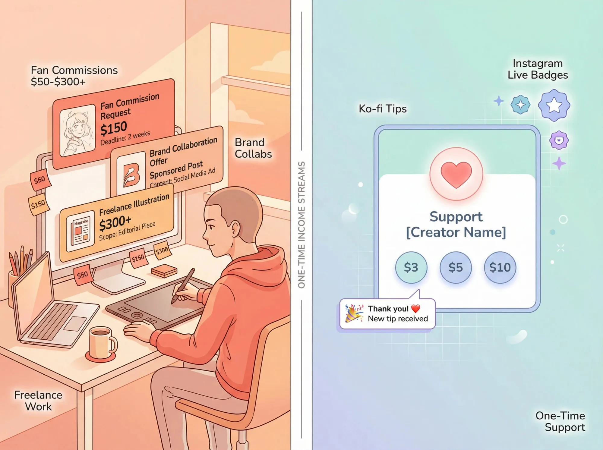 Split illustration showing commission workflows on left and tip jar donations on right for webcomic income