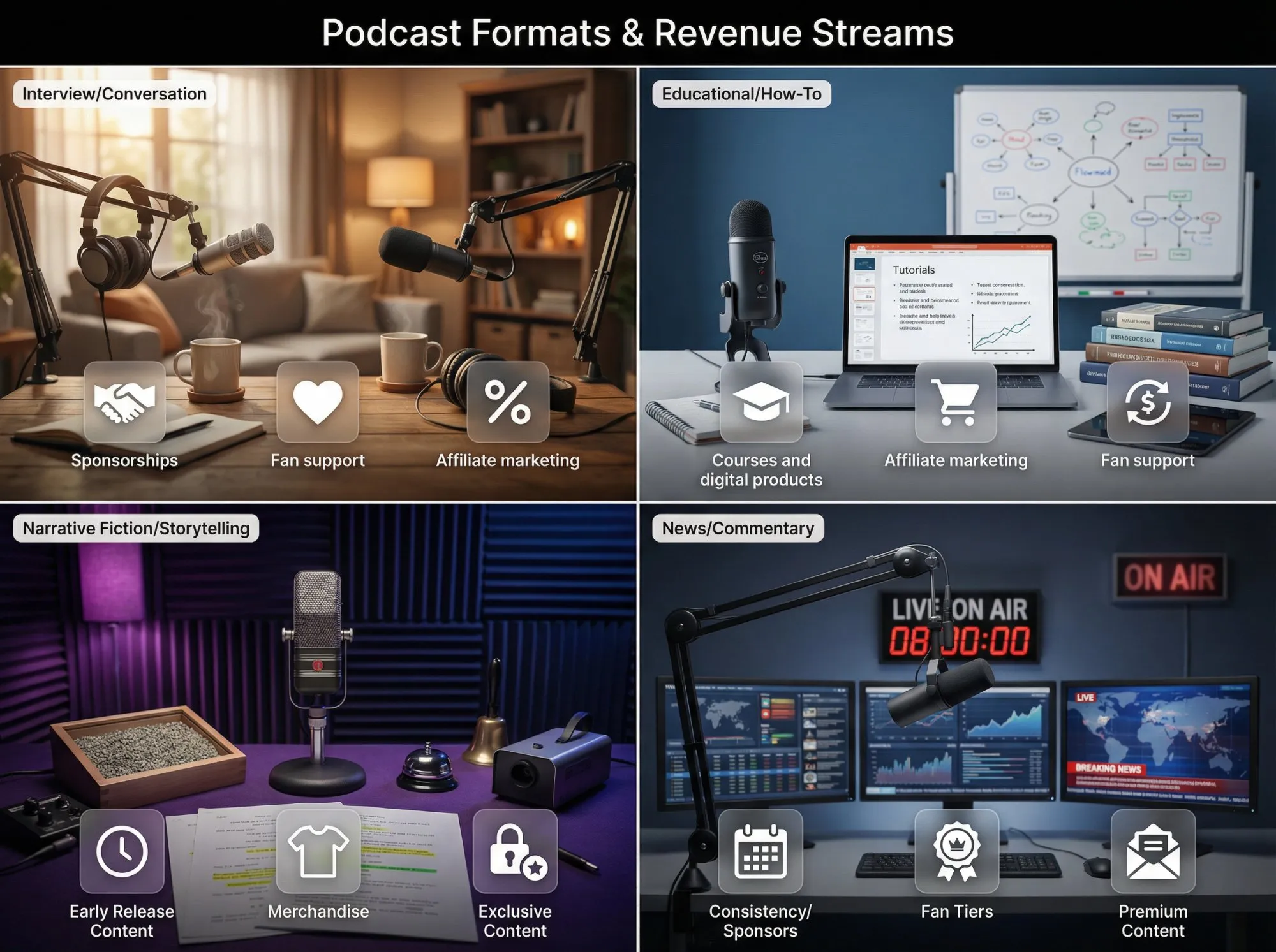 Four distinct podcast studio setups showing interview, educational, narrative, and news formats with their optimal revenue streams