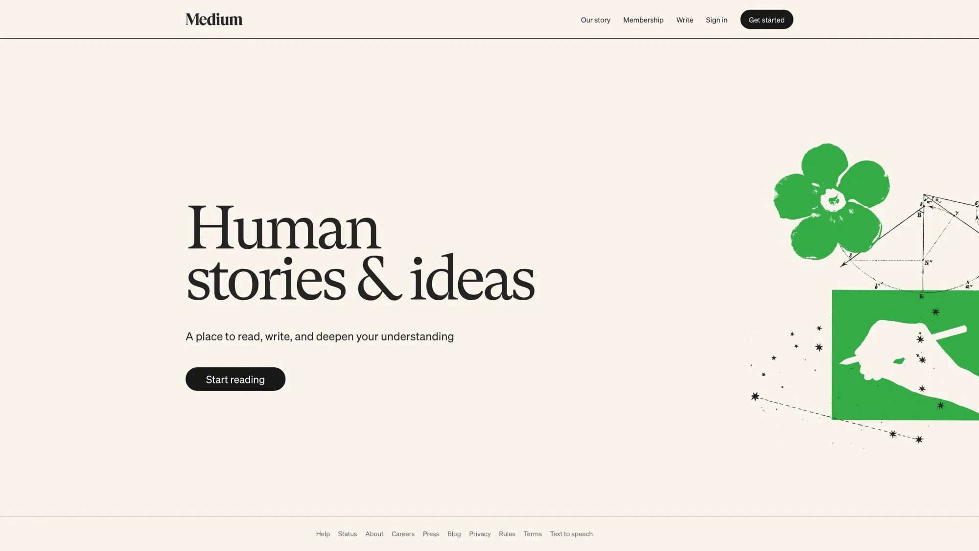 Medium homepage showing platform's curated content feed and subscription model for writers and readers