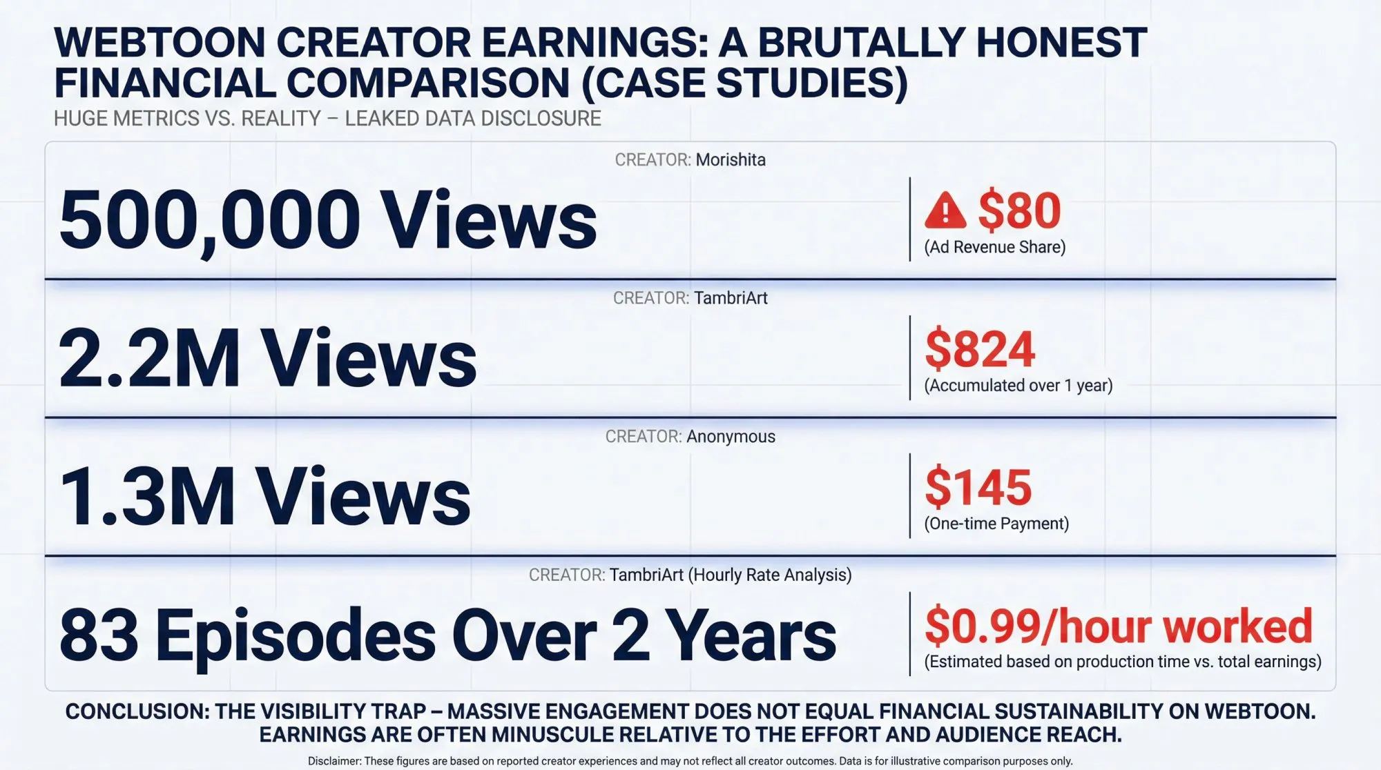 Side-by-side comparison showing 500K WEBTOON views earning $80, 2.2M views earning $824, and 1.3M views earning $145, highlighting the stark gap between views and earnings