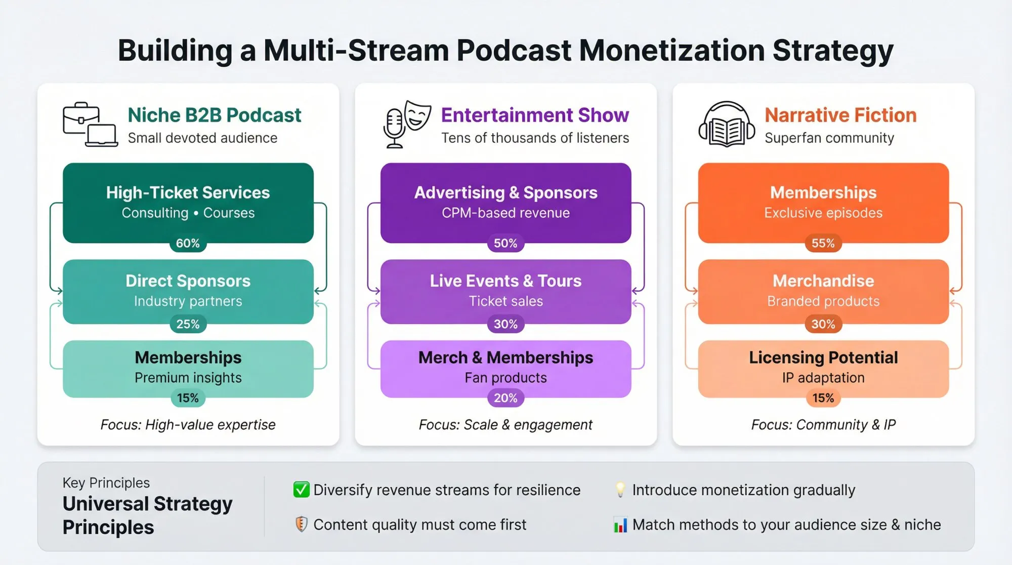 Strategic framework showing how different podcast types combine revenue streams for resilient monetization